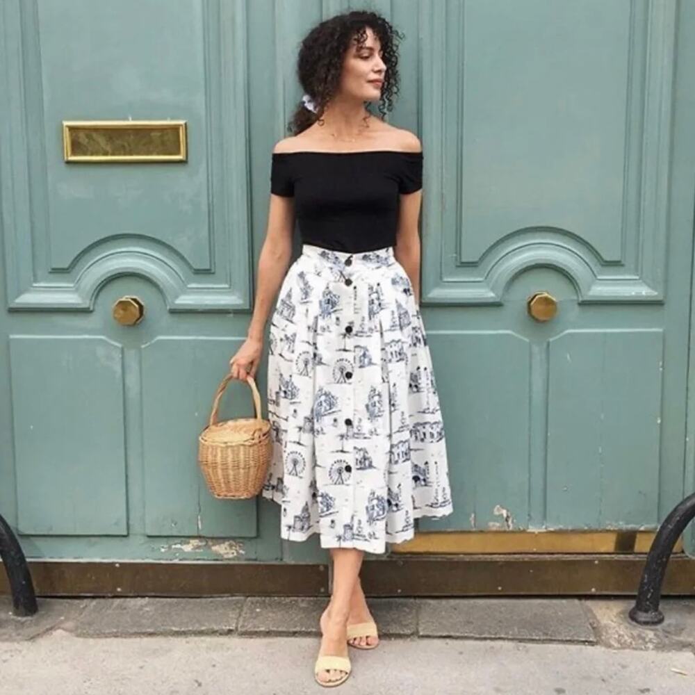Maje Paris Japomy Printed Midi Skirt - Toile de Jouy - Size 36 - US 4